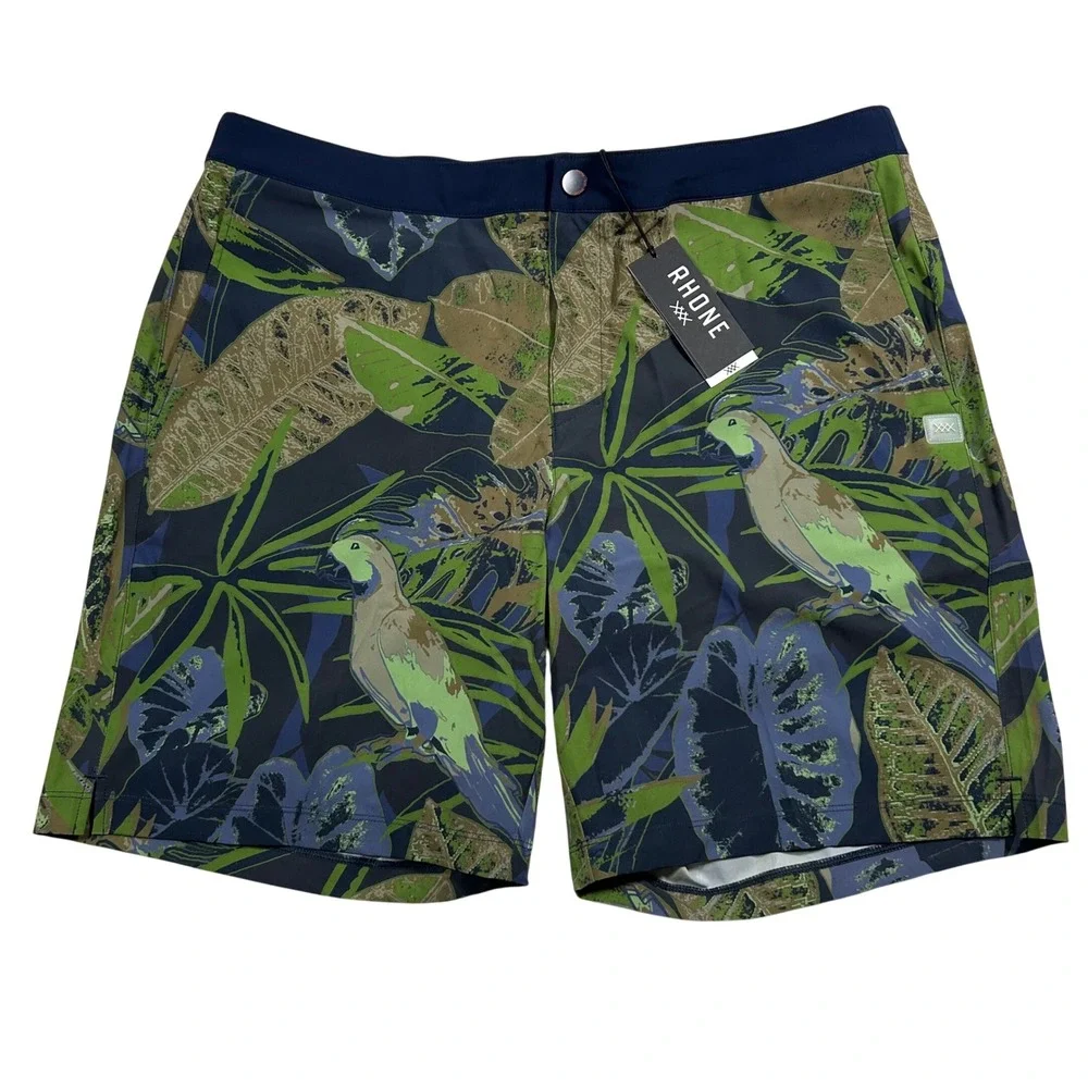 Rhone Barrier Swim Short Mens XL Green Blue Tropical Floral Parrot 6